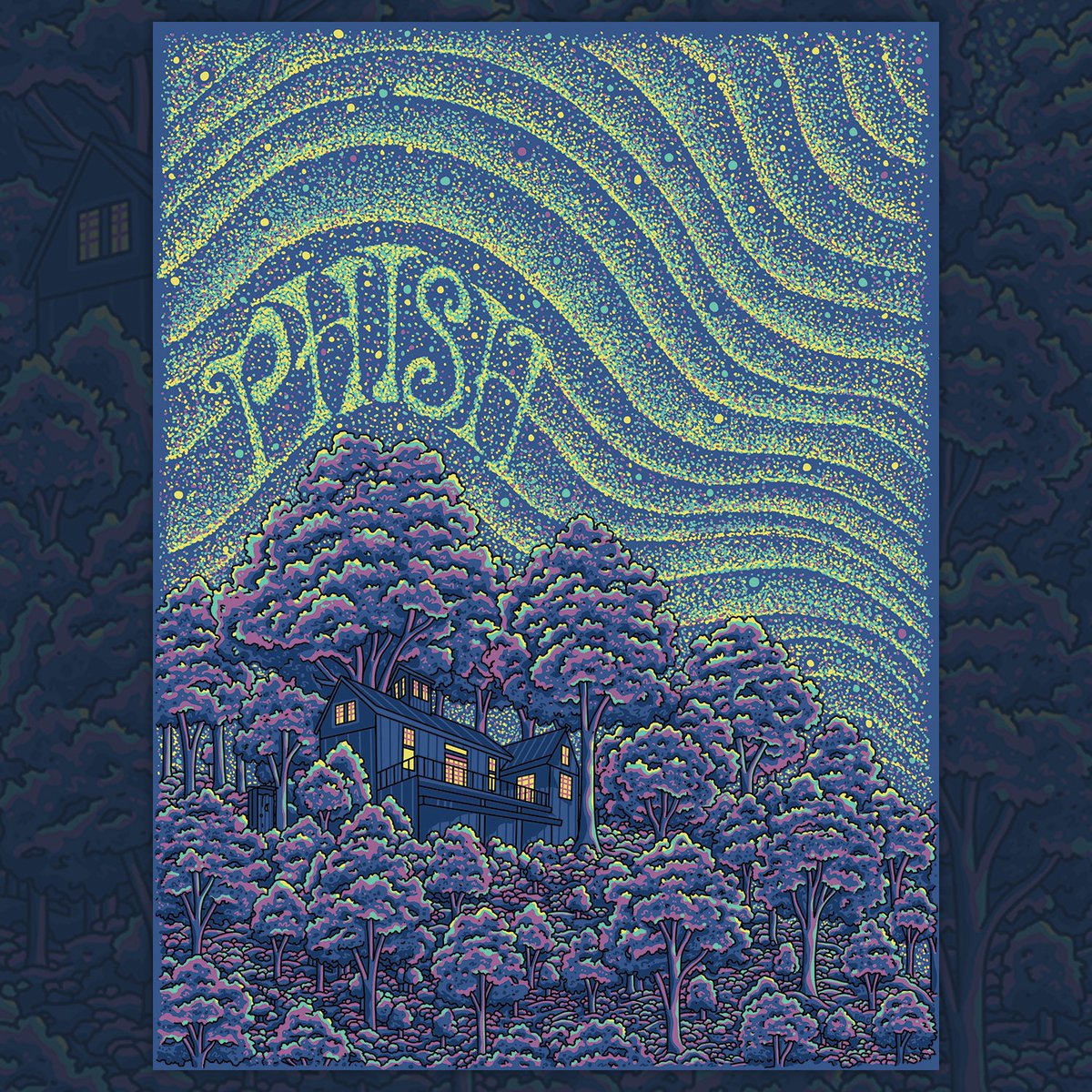 phish's tweet photo. Also available is this new "Farmhouse" LE Poster by Evan Cohen. The next poster in the "Song Series". 18x24. Edition of 1,000. Hand printed, numbered, five color screenprint: https://t.co/VxusJuRCqq https://t.co/HfVIUsZkEW