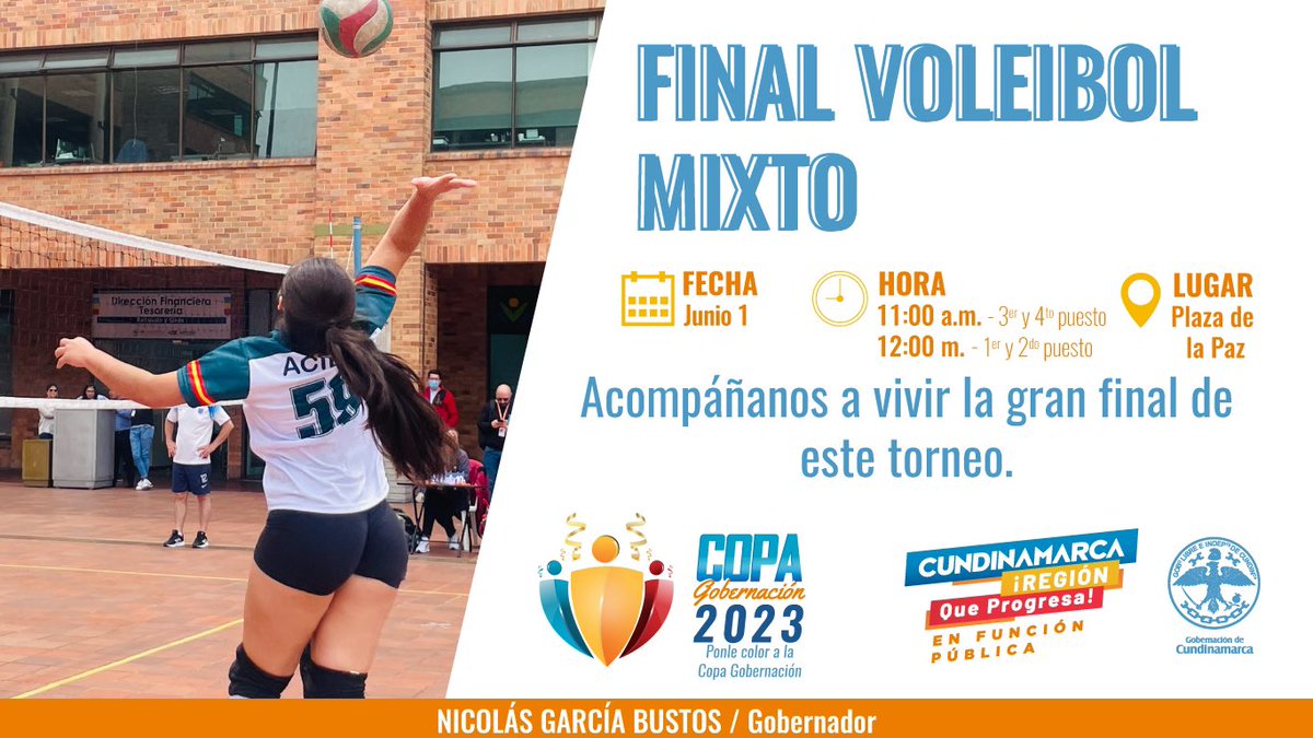 SecFPublicaCund's tweet photo. No te pierdas mañana 1 de junio 📆, la Gran Final 🥇🥈🥉 de Voleibol Mixto 🏐 Acompaña a tus equipos y vive la emoción de ver ganar a tu entidad. Te esperamos en esta #CopaGobernación2023🏆 #PonleColorALaCopa 🩵❤️🧡 https://t.co/3S9zQ6TJFn