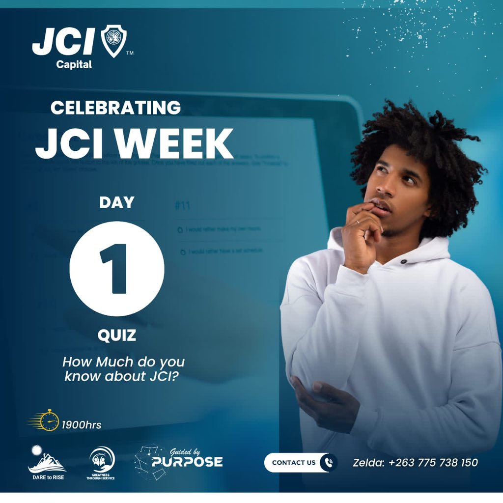 JCICapitalZim's tweet photo. *JCI Week Day 1*
Ladies and gentlemen tomorrow we will be having a quiz on JCI. Be ready to be part of this fun activity on WhatsApp at 0600pm.
#JCIWeek
#JCICapital
#DareToRise
#GuidedByPurposes https://t.co/UF14HYnyZT