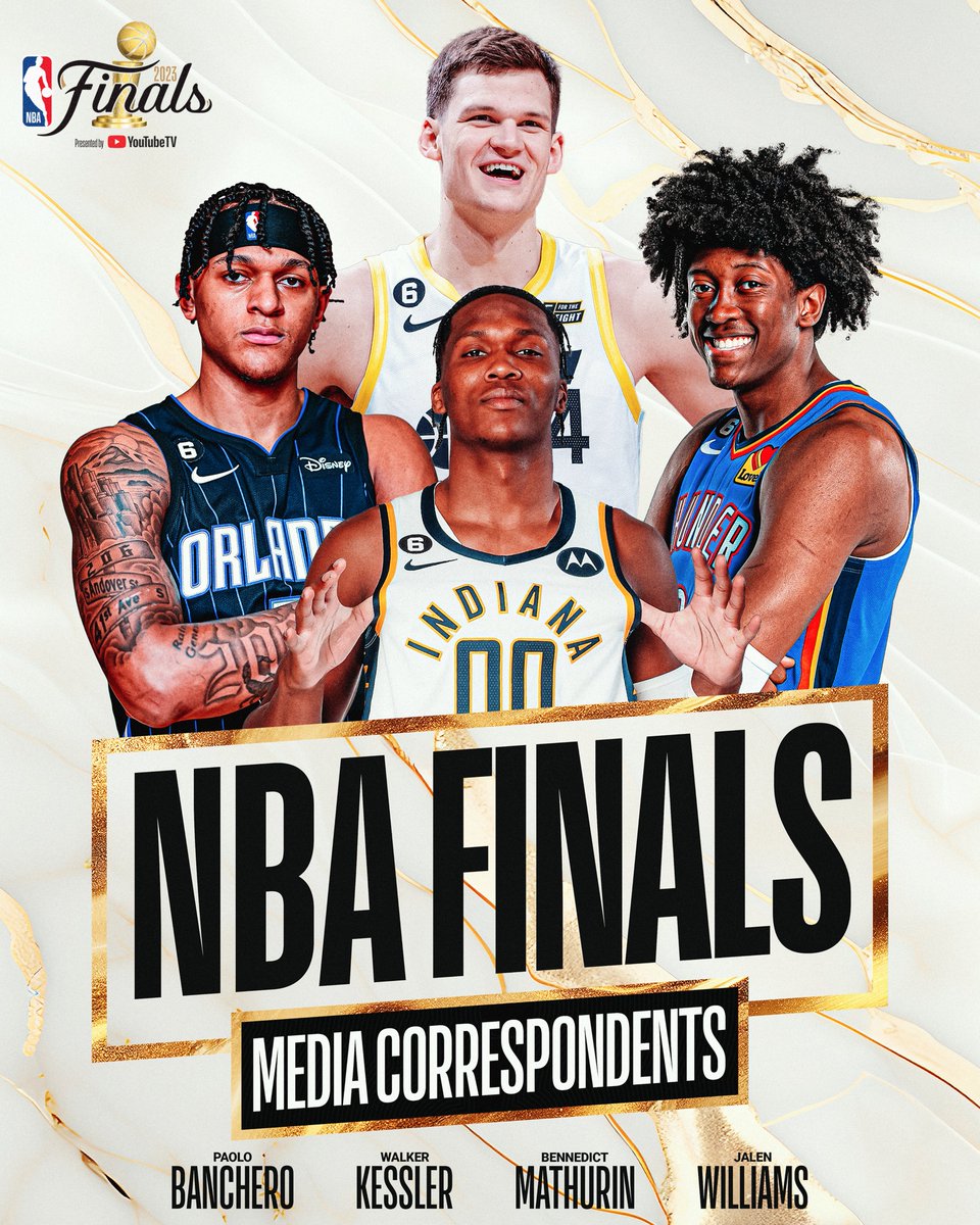 NBAPR's tweet photo. Paolo Banchero (@OrlandoMagic), Walker Kessler (@UtahJazz), Bennedict Mathurin (@Pacers) and Jalen Williams (@OKCThunder) will serve as NBA Finals media correspondents throughout the 2023 #NBAFinals. Follow along on the NBA App &amp; NBA Social to see their coverage from the ground! https://t.co/IoAwG9U3VF