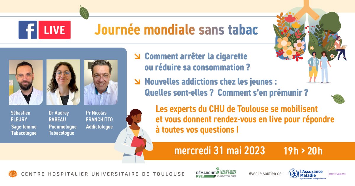 CHUdeToulouse's tweet photo. Le live Facebook Journée sans tabac a commencé ! 👇
https://t.co/me56zYppY0
#LIVEFB #CHUToulouse https://t.co/moParVzhli