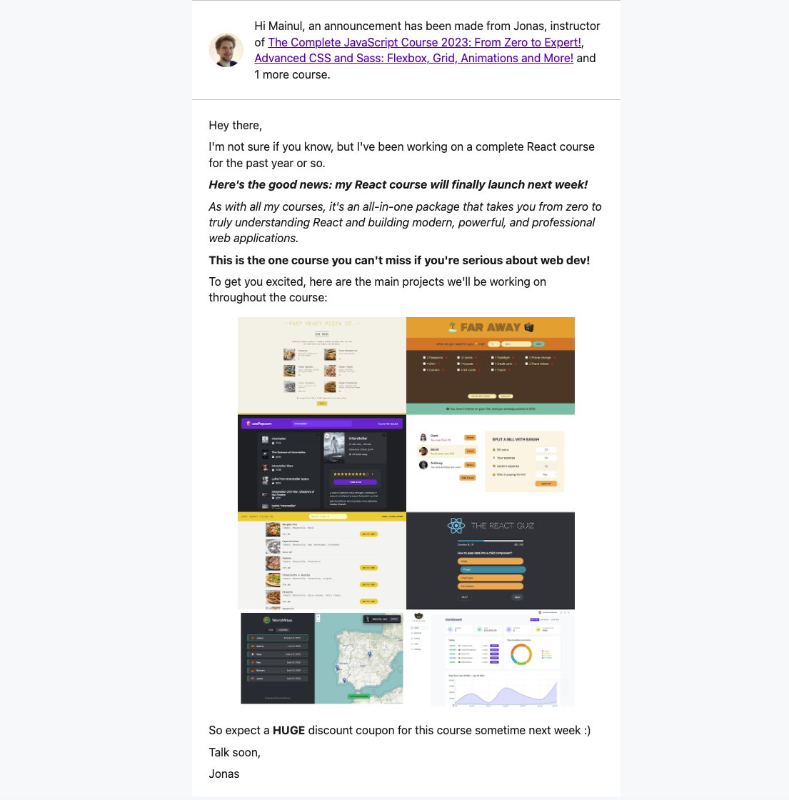 main1479's tweet photo. Thanks @jonasschmedtman 
Received this email from Udemy 📧 and can't wait to dive into the course. 
I'm really excited 😁
#learningnewthings 💻📚 https://t.co/JRbXcxTxXq
