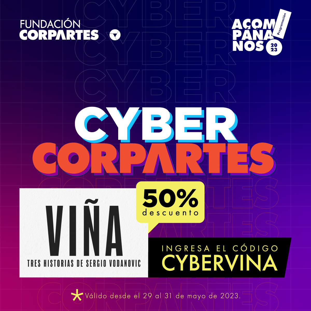 CorpArtes's tweet photo. ¡ÚLTIMO DÍA! 🤩🎭
Compra tus entradas al #Teatro con un 50% de descuento hasta las 23:59 de hoy miércoles 31 de mayo.
🎟️Consigue tus entradas en promoción aquí: https://t.co/cY0ZHiN7CO
#CyberChile #Chile
#Descuento #Cultura
#SergioVodanovic #Viña https://t.co/AekEJWSb27