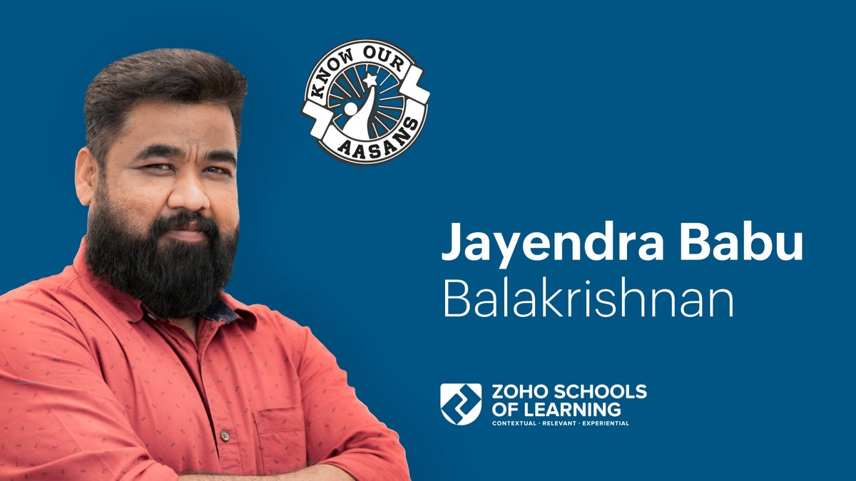 1/ Presenting ‘Know (y)our Aasans!’ - a series featuring a peek into the soul of @ZohoSchools' faculty members!
Meet Jayendra Babu(@jayendrababu) san, Head of The Zoho School of Design! 

#zoho #zohoschools #alternativeeducation 
#zohoschoolofdesign #creativedesign #digitalart