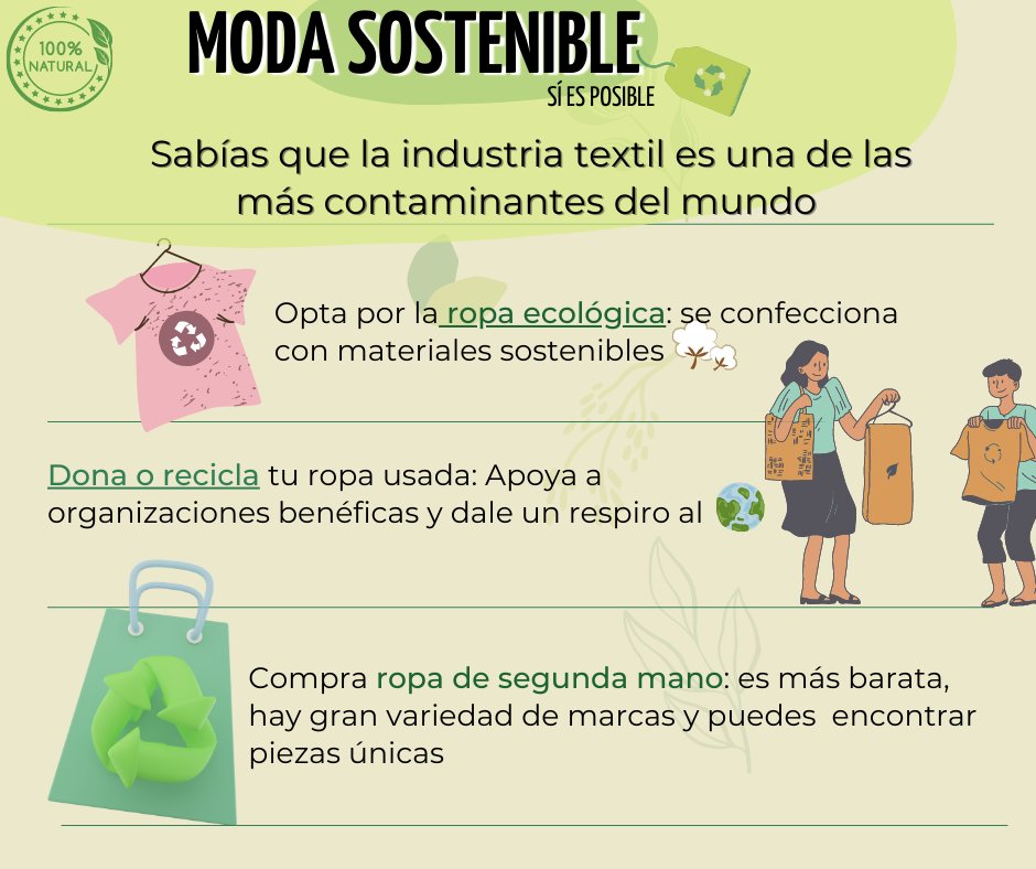 #MiércolesClimático #ModaSostenible👗
😨La industria de la moda es una de las más contaminantes del 🌏

Según la <a href="/UNCTAD/">UN Trade and Development</a>   cada año se usan 93 millones de metros cúbicos de agua🫧 para confeccionar ropa y, menos del 1% se♻️

🙌Todos podemos cambiar esas cifras⬇️
#RopaEcológica