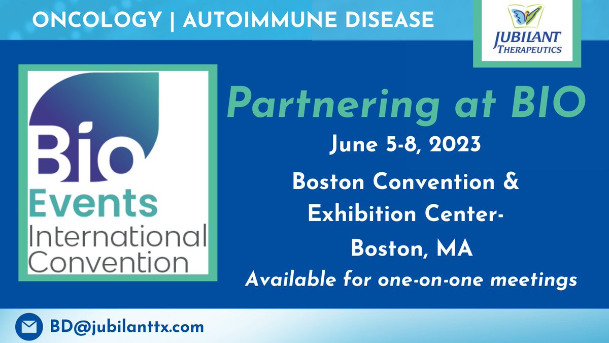 Jubilant Therapeutics is attending <a href="/IAmBiotech/">Biotechnology Innovation Organization</a> International Convention next week in Boston. Our team is available for one-on-one meetings to discuss our pipeline and can be scheduled using the partnering link below or email BD@jubilanttx.com. #BIO23

bit.ly/3o4afbz