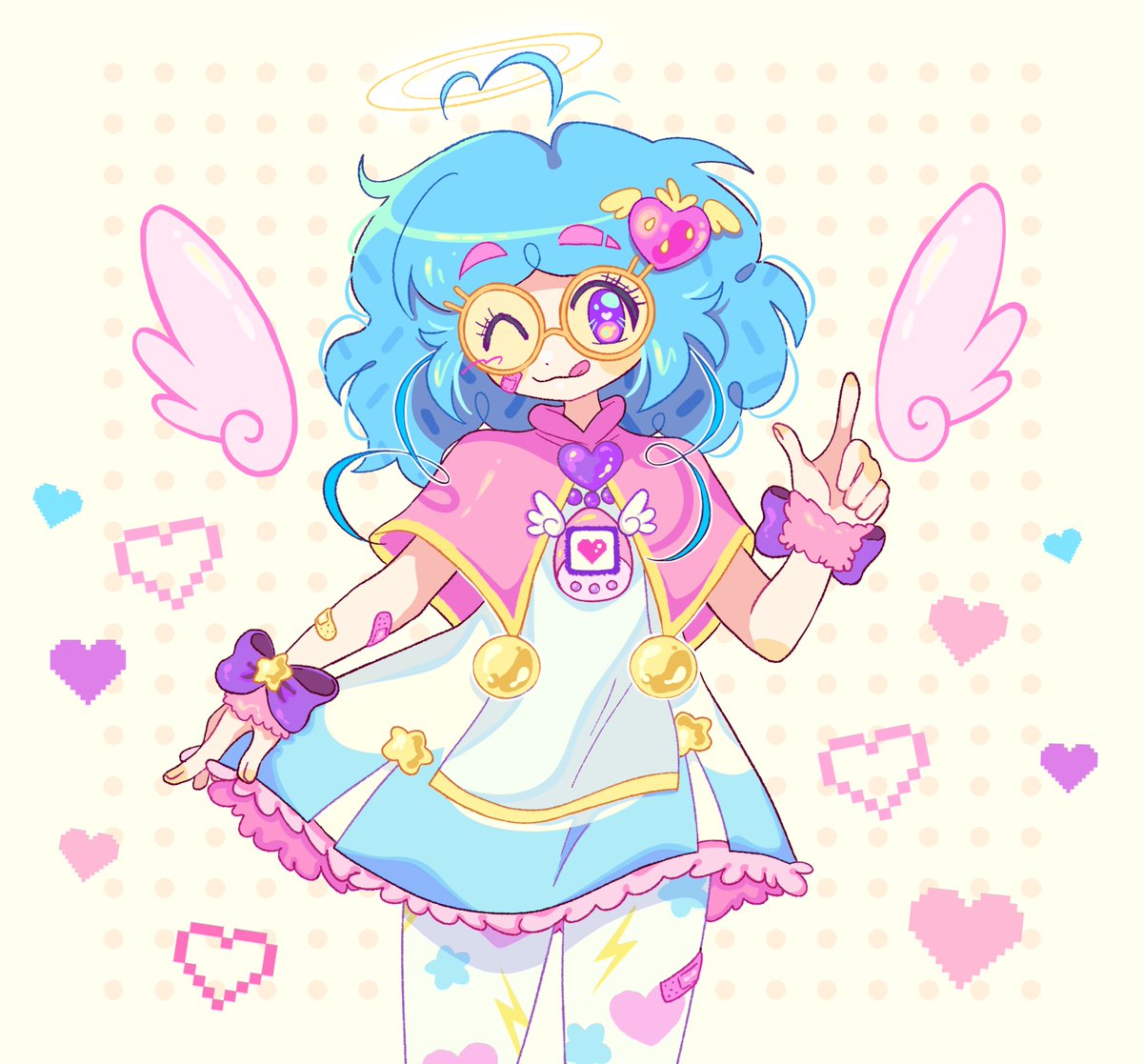 1girl solo bandaid one eye closed heart blue hair wings  illustration images