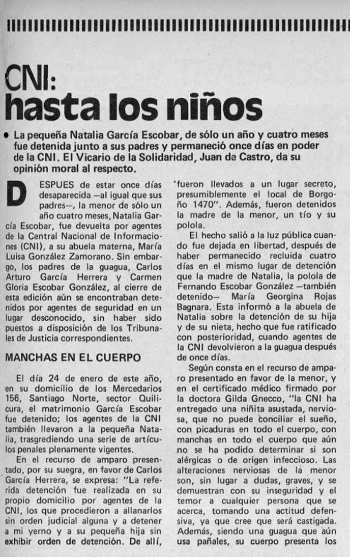 criordor's tweet photo. Hubo una guagüita de 1 año cuatro meses que fue secuestrada junto a sus padres por la CNI en 1981. Estuvo 11 días desaparecida, la entregaron a la abuela, venía maltratada, asustada, con daños en su cuerpo #50AñosDelGolpe
 
Revista Solidaridad, febrero 1981 https://t.co/bJdQNYXg1o