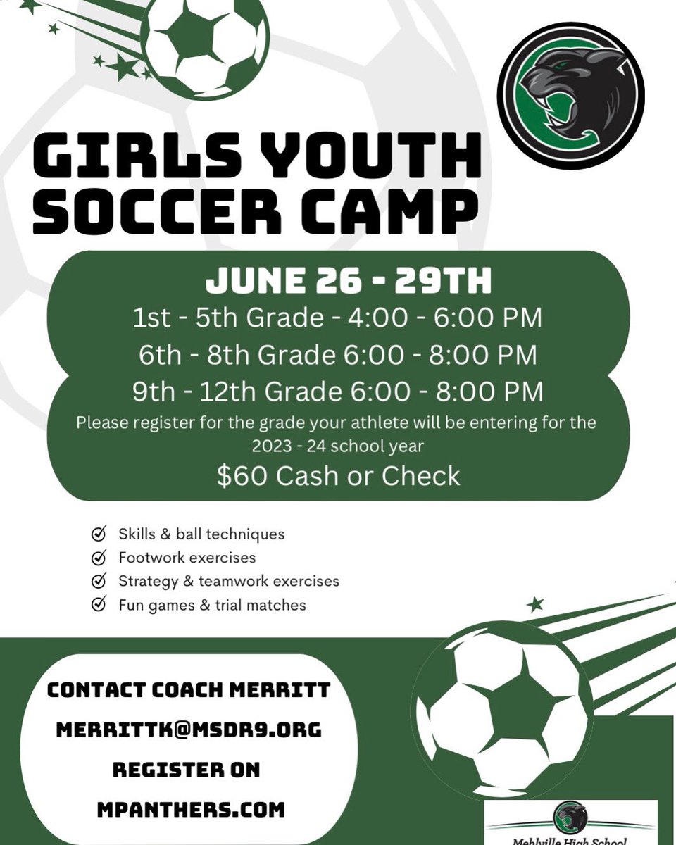 Camp registrations is underway! Register by June 5th to guarantee a tshirt! 💚🖤⚽️#wearemehlville