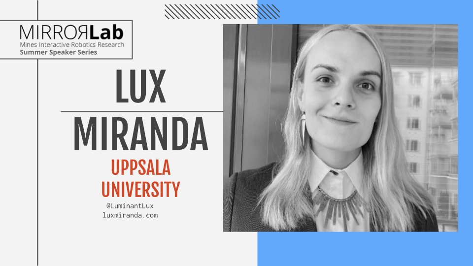Thank you <a href="/LuminantLux/">Lux Miranda</a> from @UU_University for joining us today for our lab's summer speaker series! Lux shared their perspectives on social identity in human-robot interaction, and the results of her recent survey on this topic. 🧵/