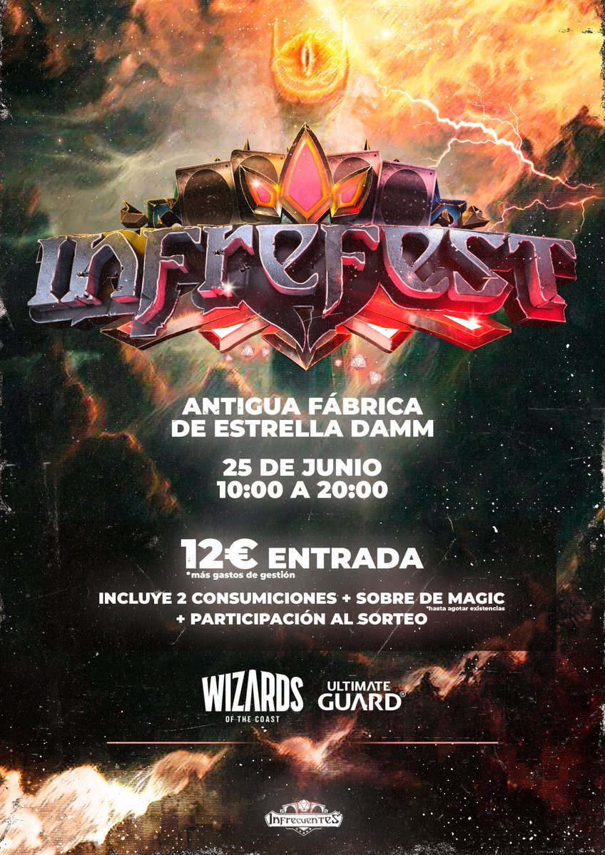 ¿Un festival de cartitas, rol y juegomeseo?

Por 12 pavos: dos birritas, un sobre de magic y sorteo de material valorado en 5000 lereles.

Además de torneos, actividades, galería de arte de Lord of The Rings, tiendas, editoriales y mucho más.

Entradas: infrefest.eventbrite.com