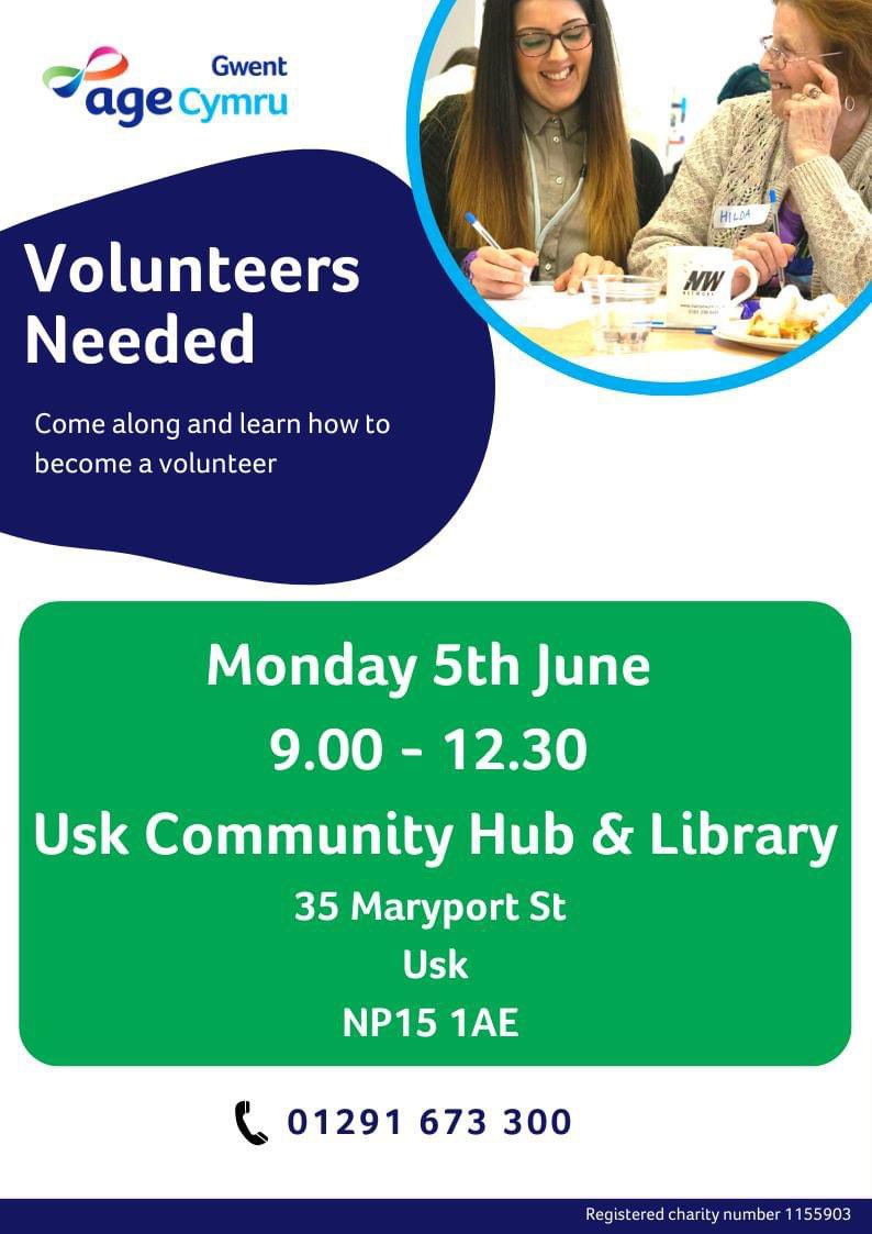 @AgeCymruGwent  believes that volunteers are vital to thriving communities.  Come and join us in Usk and help change the world for older people.
#volunteerscanchangetheworld