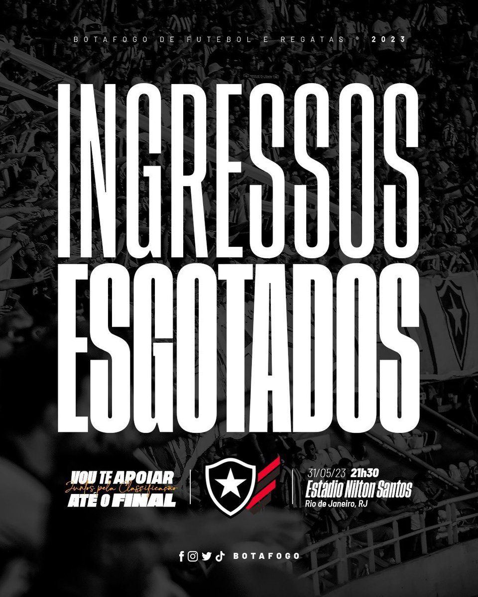 🗣️ Adm informa: Ingressos esgotados para a torcida do Botafogo!  ❌👏🏼

O ESTÁDIO NILTON SANTOS VAI PEGAR FOGO! VAMOS JUNTOS PELA CLASSIFICAÇÃO! 🔥🔥🔥