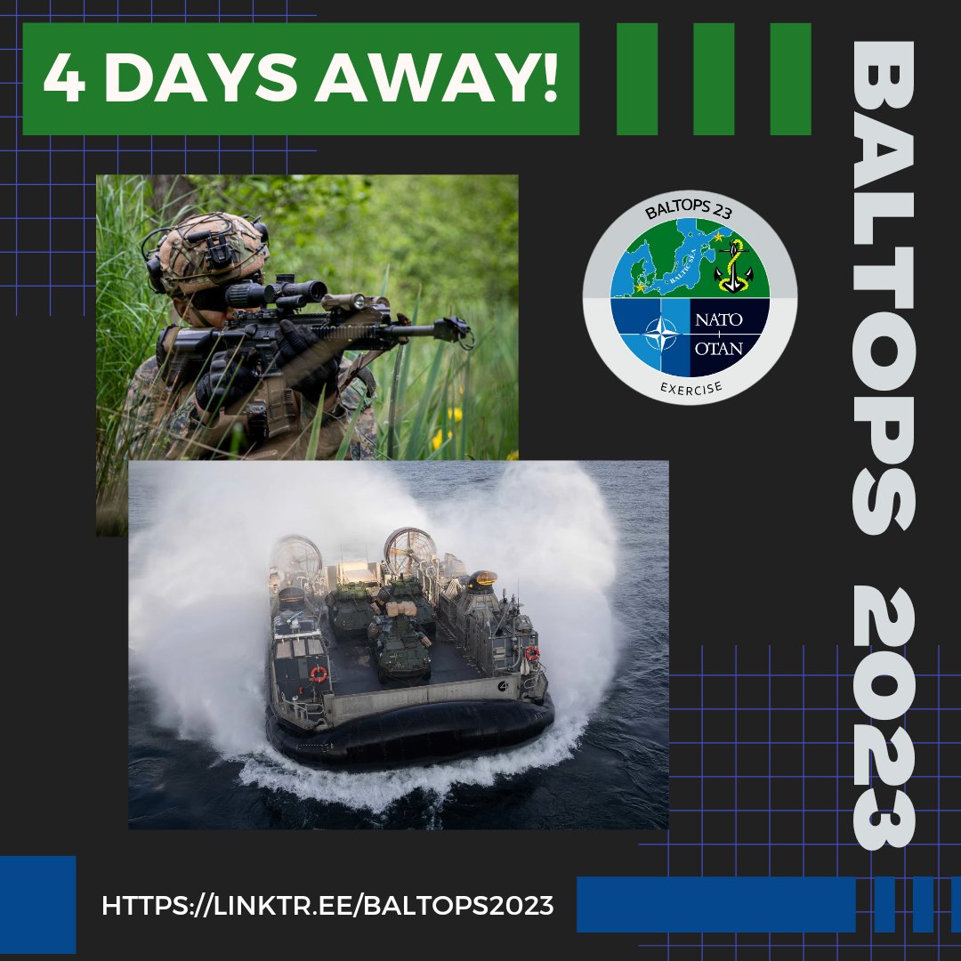Only 4️⃣ more days until #BALTOPS23 kicks off 🥳

This 52nd year of BALTOPS features comprehensive @Marine Corps integration in combined training events with @NATO nations around the #BalticSea 💪⚓️

Excited yet? #WeAreNATO #StrongerTogether #USSixthFleet #ReadyForces