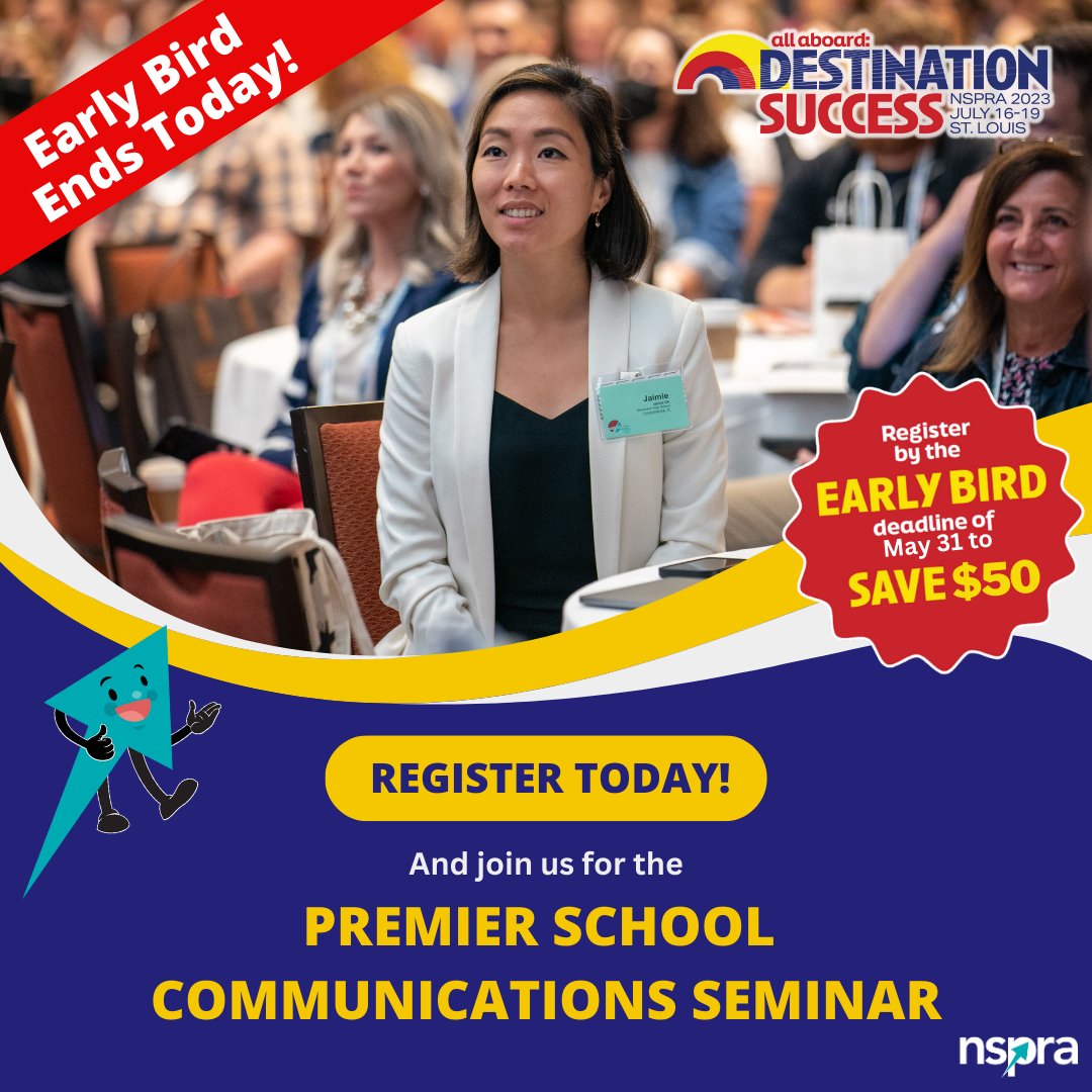 NSPRA's tweet photo. 🚨🚨 REMINDER: TODAY is the last day to take advantage of #NSPRA2023 early bird registration rates! Join us in St. Louis this summer for best-in-class #schoolPR learning, featuring 100+ breakout sessions, networking opportunities and more. https://t.co/ydBgqoRHBV https://t.co/HXlhhoc7lN