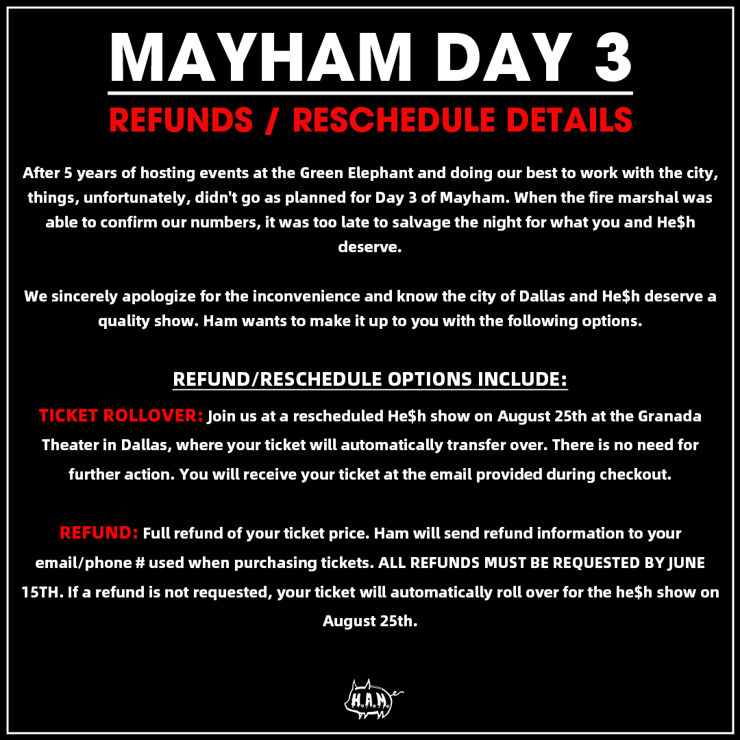 HAM_Promotions's tweet photo. HE$H REFUND / RESCHEDULE DETAILS:

All requests must be submitted by June 15th to receive a refund. 

Thank you for the support and see yall again 8/25 at the Granada Theater! https://t.co/nZb7f9fqMi