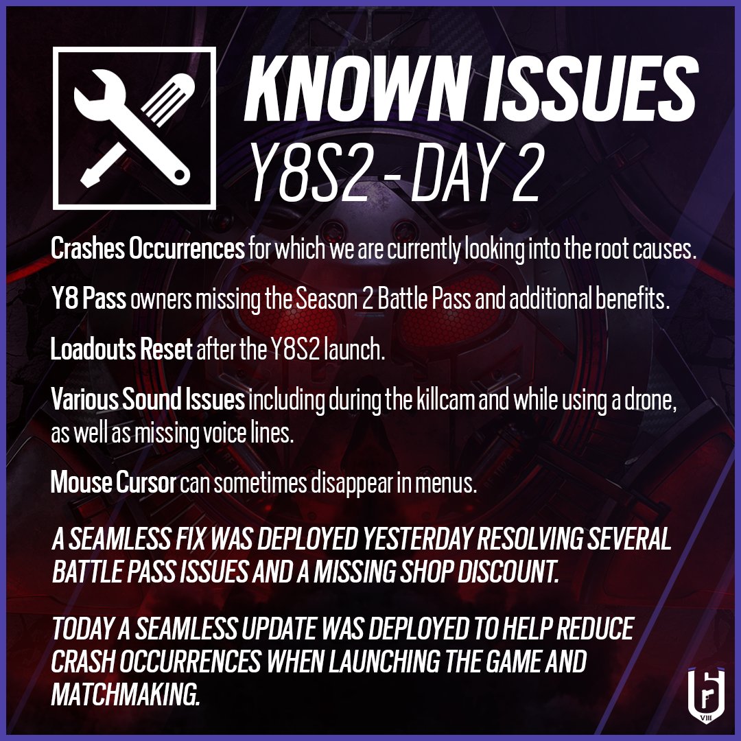 We're aware of a number of ongoing issues that players are experiencing after the launch of Operation Dread Factor.
 
Remember to use R6FIX to report any issues🔗r6fix.ubi.com