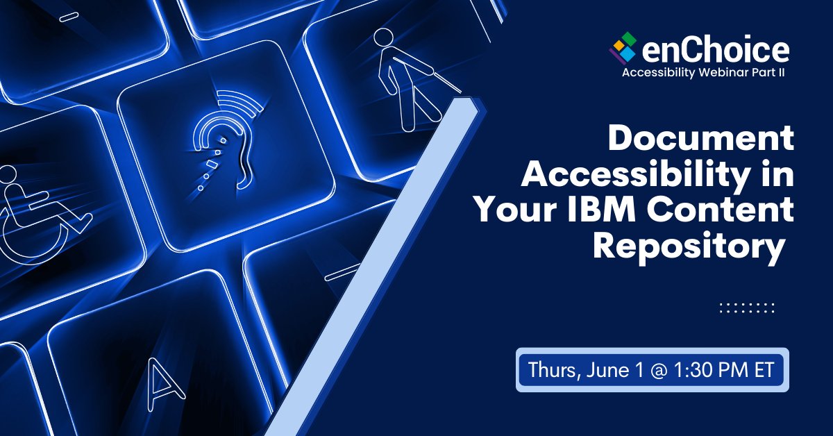 enchoice's tweet image. Join us tomorrow for Part II of our Accessibility Webinar Series, where we will explore the world of document accessibility within your IBM content repository.
Register Now! cutt.ly/Owq9nhiZ
#ibmfilenet #filenet #filenetp8 #cmod @CrawfordTechInc