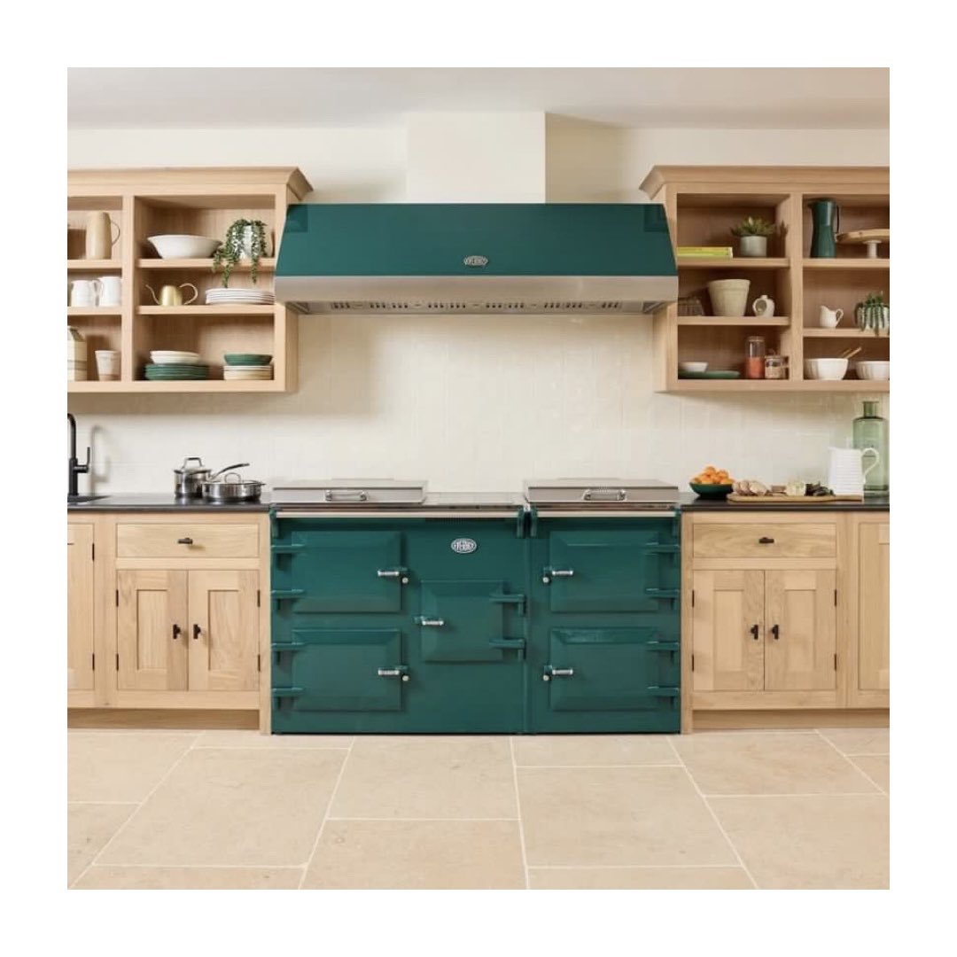 Gorgeous forest green @everhotcookers cooker paired with the Everhot by Westin wall hood on display at the beautiful new Everhot HQ showroom in Dursley Gloucestershire!