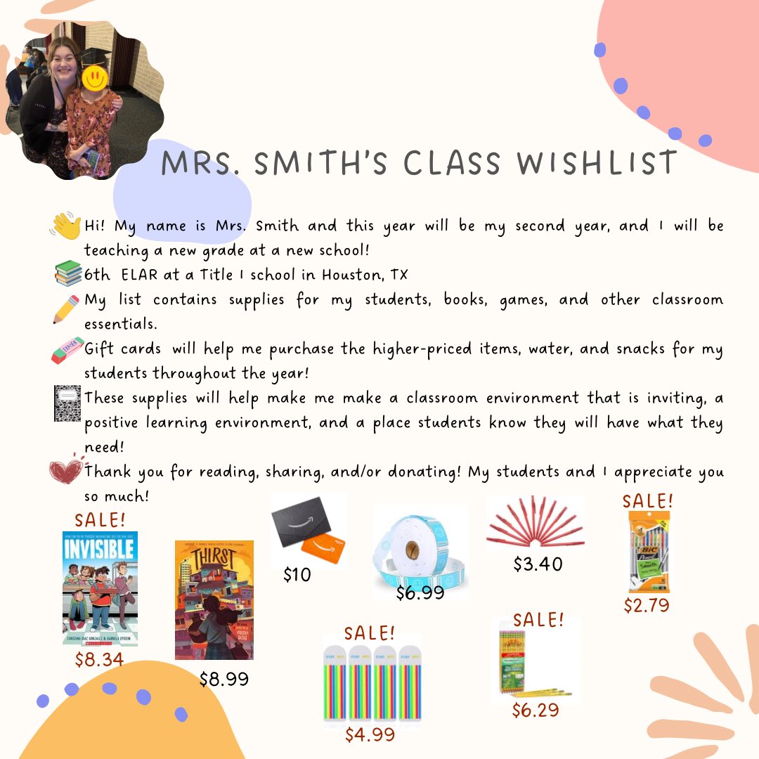 @CMiller_teacher @DonorsChoose @amazonwishlist 👋🏻Hi, my name is Kaylee! 😊
✏️This year will be my 2nd year teaching, but I will be teaching a new grade level at a new school! 
📚6th ELAR 
🏫Title I in TX 
🖍My #clearthelist: supplies for students, books, games & other classroom essentials

amazon.com/registries/gl/…