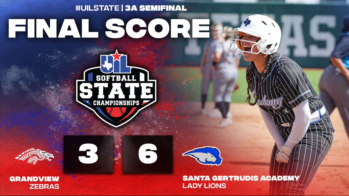 #UILState Softball 3A Semifinal 𝙁𝙄𝙉𝘼𝙇 𝙎𝘾𝙊𝙍𝙀:   
Grandview 3️⃣
Santa Gertrudis Academy 6️⃣
 
Box Score ➡️ bit.ly/43dKJ3a

The Lady Lions advance to the 3A Championship game on Thursday June 1 at 1:00pm 🏆🥎