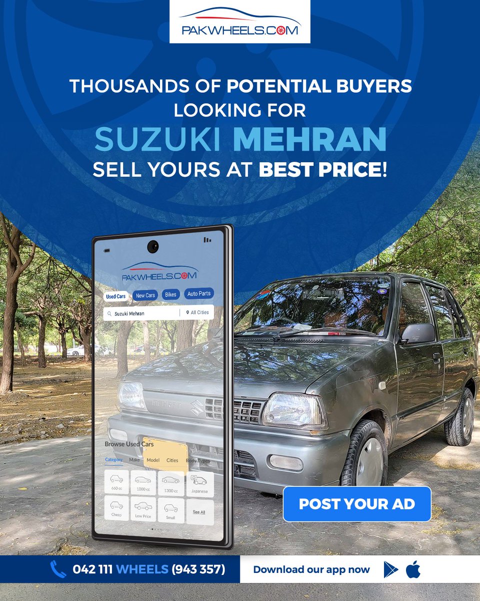 PakWheels's tweet image. Get the best price for your Suzuki Mehran! 👍

Place your ad today: ow.ly/9bsP50OAYoM

#pwsell #sellyourcar #SuzukiMehran #PakWheels