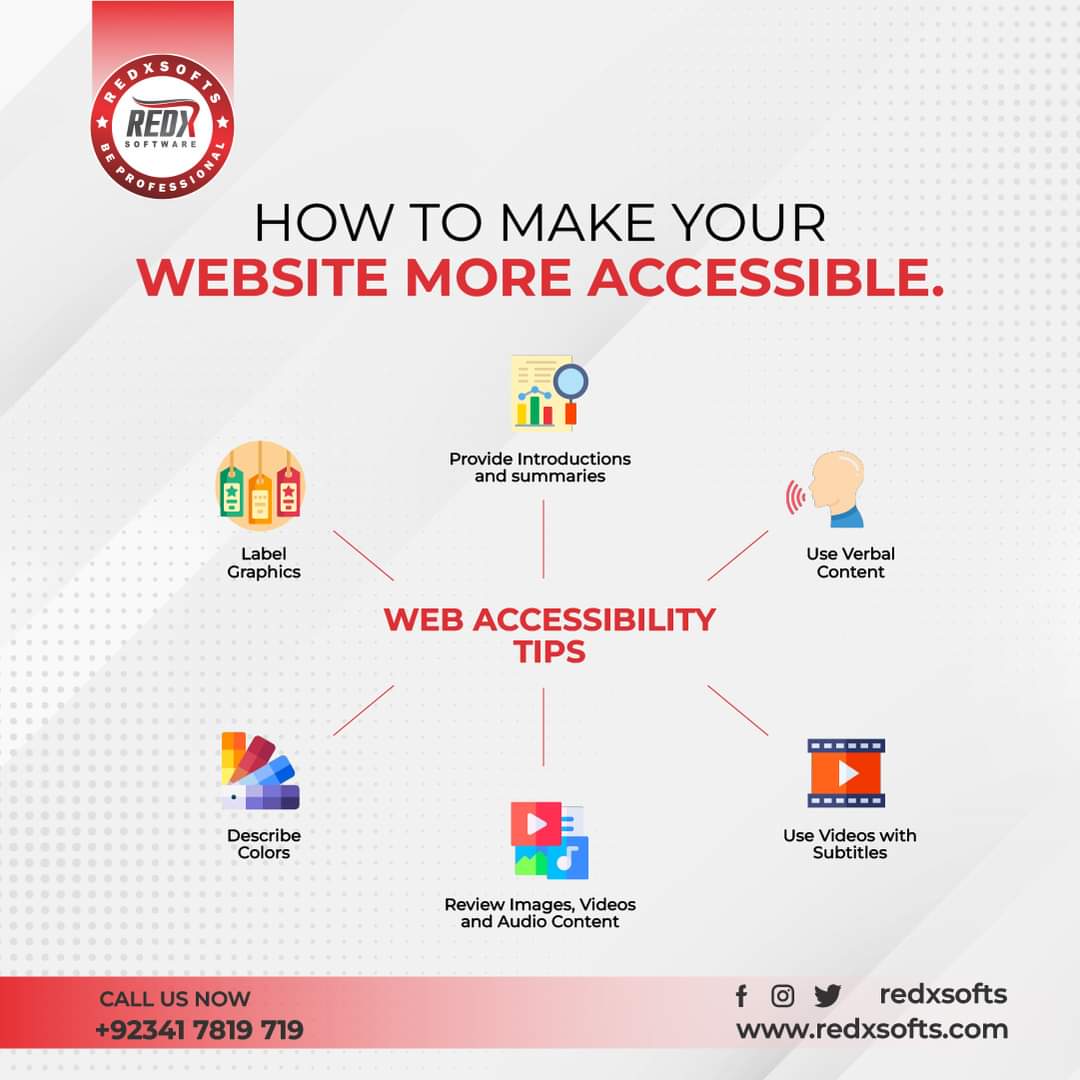 Accessible websites for all! 🌟
Strategies to improve websites accessibility.
.
.
.
 #Redxsofts #softwarecompany #services #marketing #seo #seotips #website #websiteranking #Kharian #gujrat