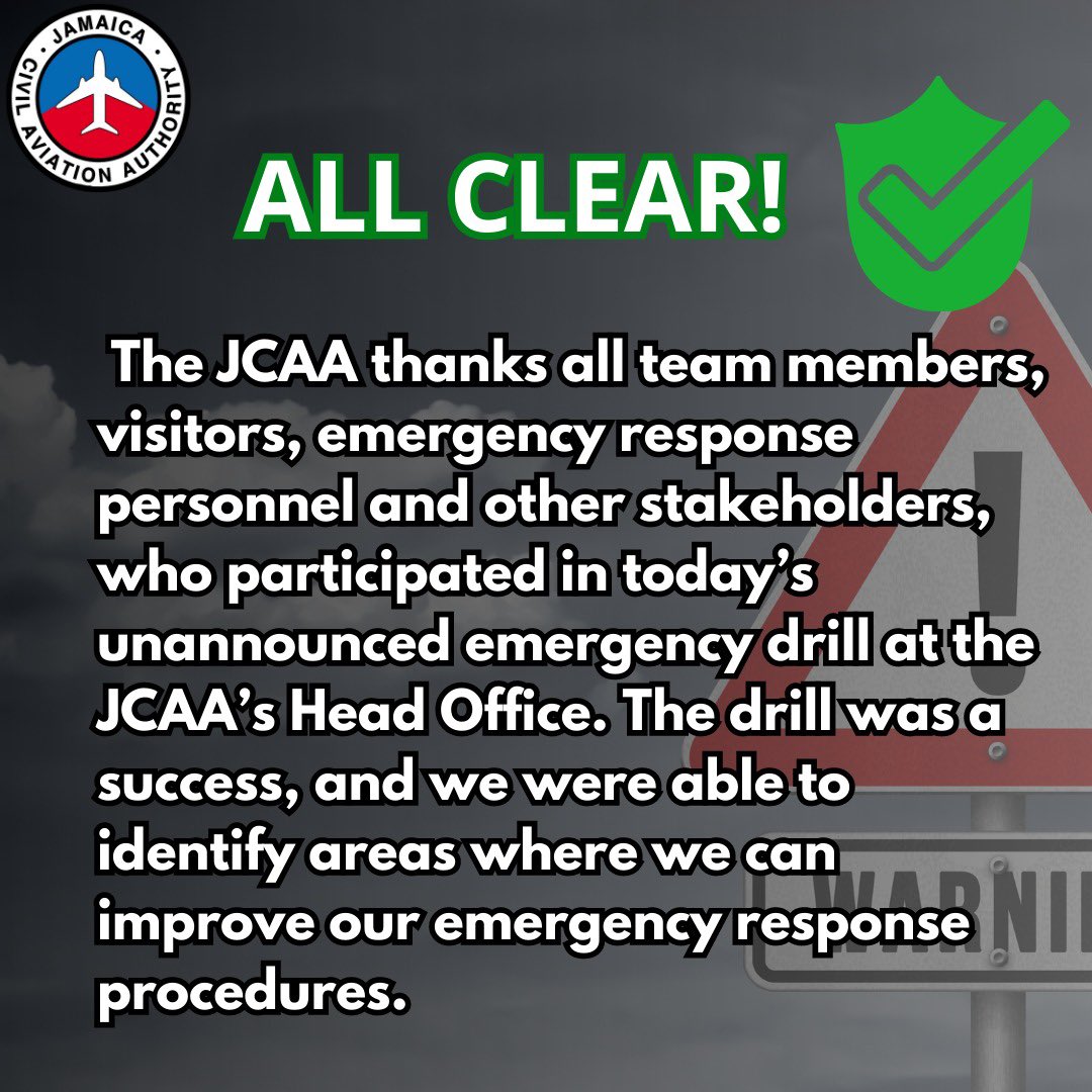 JCAA_NEWS's tweet photo. The JCAA thanks all team members, visitors, emergency response personnel and other stakeholders, who participated in today’s unannounced emergency drill at the JCAA’s Head Office. #EmergencyDrill #SafetyFirstandALWAYS #JCAA https://t.co/d30aNht8Ym