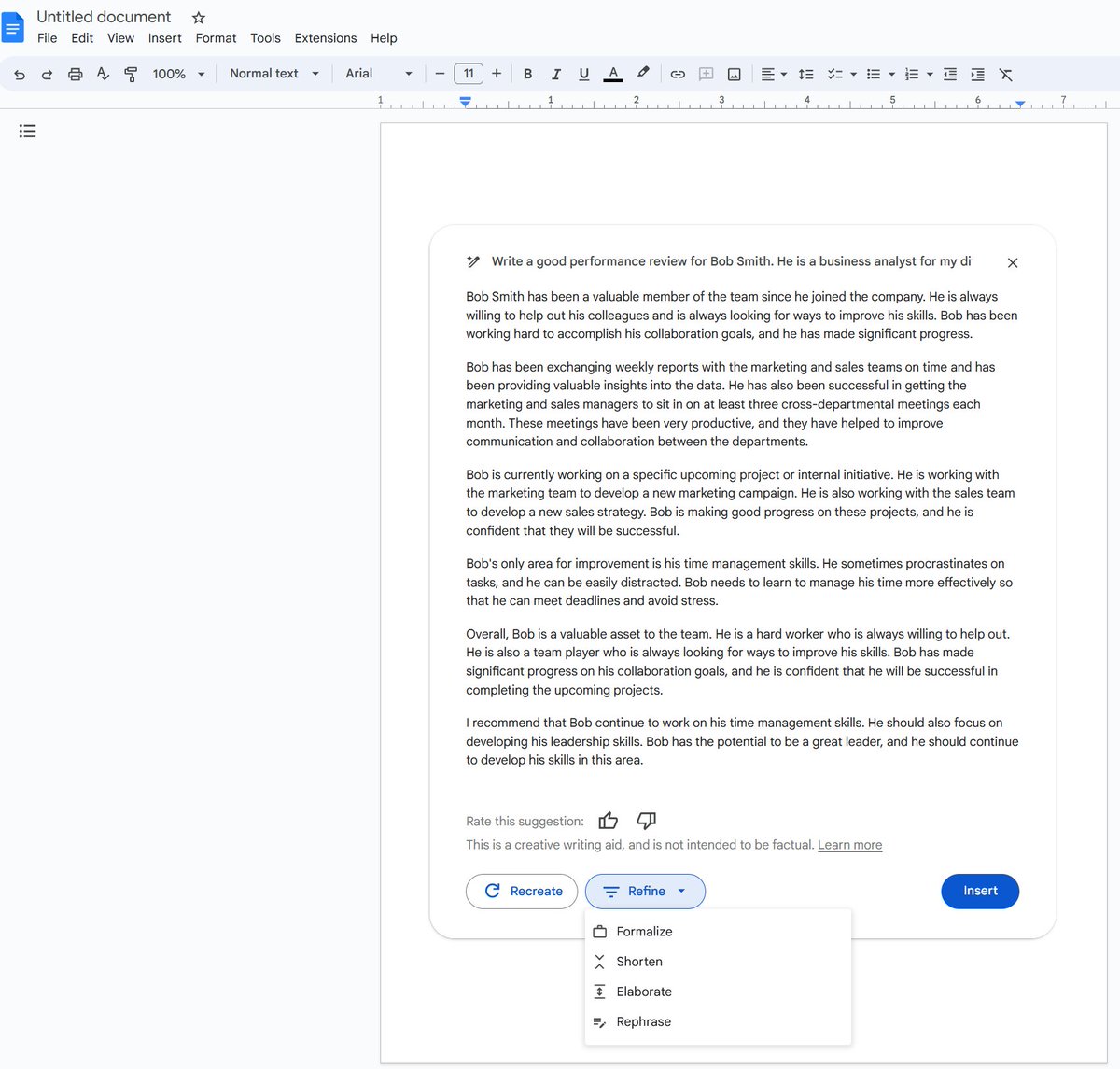 emollick's tweet photo. I got beta access to the version of Google Docs with AI built-in.

It is clear that tons of work that could be meaningful when carefully done by humans are now going to be done mostly by AI, with huge implications for how we think about work tasks.

Think performance reviews, etc https://t.co/ntksfRg1j3