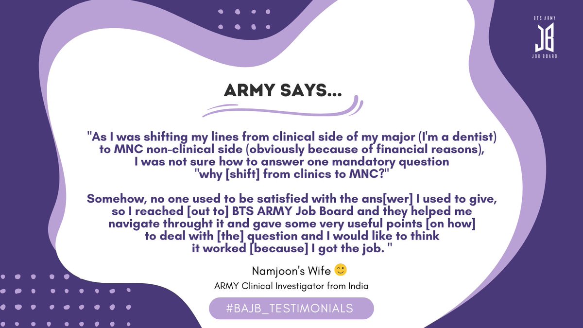 BTSARMYJobBoard's tweet photo. Congratulations for the job! π₯³
Career change can be scary and we're glad to help you "get comfortable with being uncomfortable"! π₯°
We are just a DM away! π You can also check our #BAJBCareerTips for more useful topics like this, ARMY! π https://t.co/ZblvSgnRUD