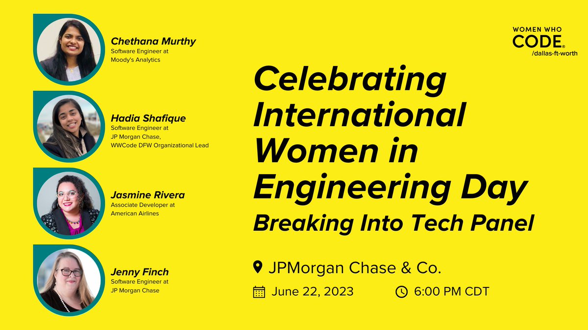 We're thrilled to announce our 1st return to in-person event celebrating International Women in Engineering Day with a "Breaking Into Tech" panel!
June 22 | 6:00PM CDT

Space is limited
RSVP today meetup.com/women-who-code…

#womenwhocode #BreakingIntoTech #IWEDEvent