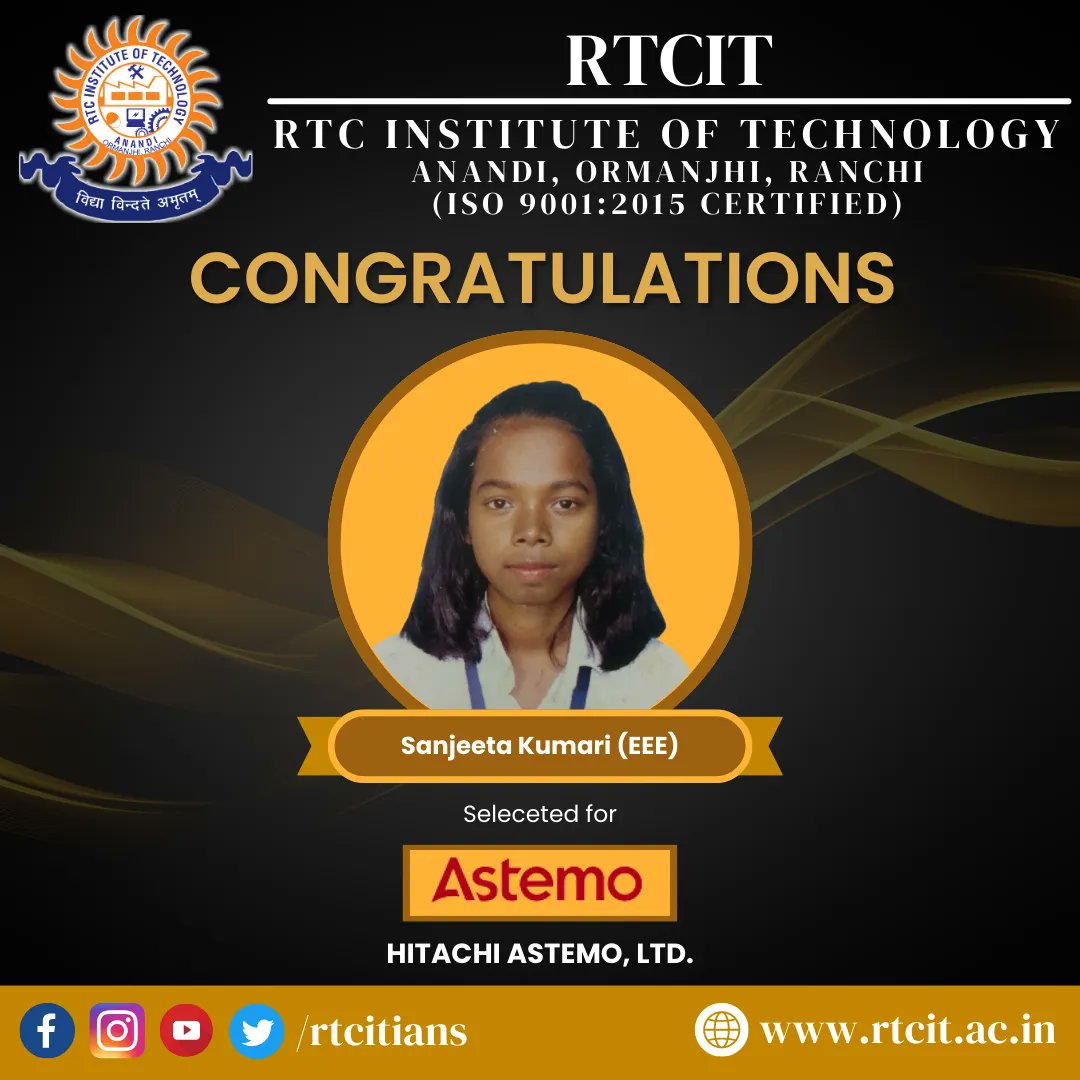 RTCITians's tweet photo. Congratulations to Sanjeeta Kumari on their placement at HITACHI ASTEMO, LTD.!
🌐: https://t.co/93INpLfAeH #Placemet #campusplacements https://t.co/ztEK2RJfgh