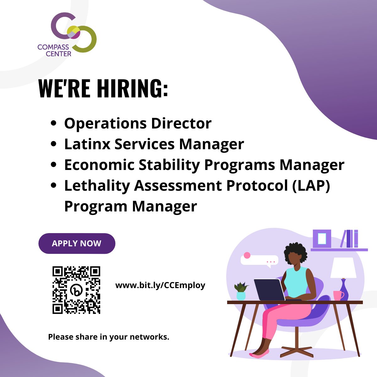 We are hiring! Check out these job openings and learn more about our work at bit.ly/CCEmploy (link in bio). Located in Chapel Hill, NC,our small staff provides a safe and comfortable environment in which to empower and guide survivors of domestic violence.
#hiring