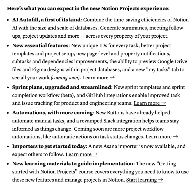 dhinchcliffe's tweet image. The new @NotionHQ projects delivers:

- #AI Autofill of info across every project
- New project setup/templates
- @googledrive + @figma previews
- Upgraded sprint plans
- Automations
- Importers
- New learning materials

#FutureOfWork #workcoordination

2/x