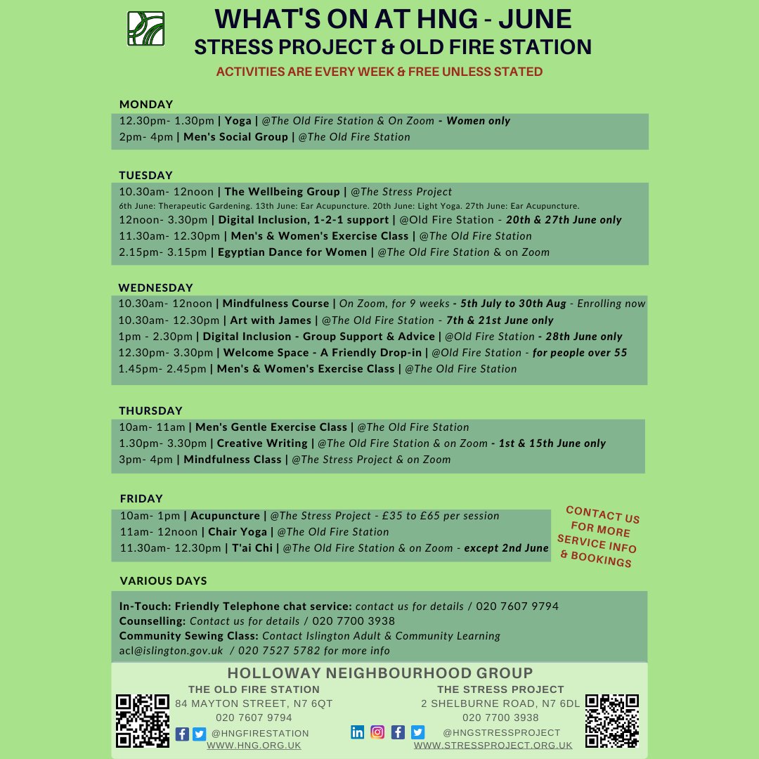 HNGFireStation's tweet photo. What's on in June at HNG. What would you like to do? Mindfulness or Tai-Chi maybe? Contact us for more information.

#Wellbeing #mentalhealth #yoga #holloway #islington #Mindfulness https://t.co/1MmsHvL7nX