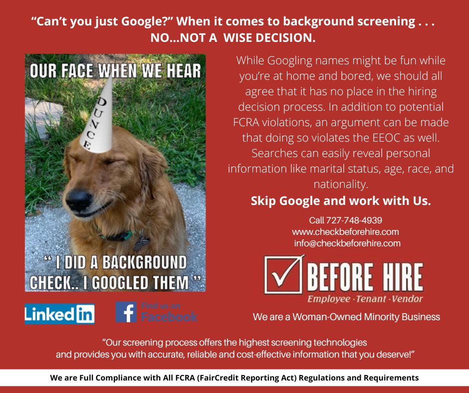 #Businessowners #HumanResources Call us today and get started Tomorrow
PROTECT YOUR COMPANY And YOUR EMPLOYEES!
727-748-4939 or Info@checkbeforehire.com
#backgroundchecks #HR #criminalrecords #drugscreening #hiring #workerscomp #compliance #verify #security #recruiting