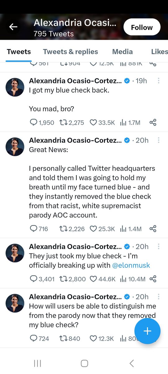 Lana_L's tweet photo. @catturd2 @AOC It's using the same picture as her main. You can't see the word parody when you read the individual tweets. They're doing other things to look like her official Twitter. Like tweeting this exact tweet and getting verified. Ppl did that to Elon to criticize paying for a checkmark. https://t.co/tOTm3piGjg