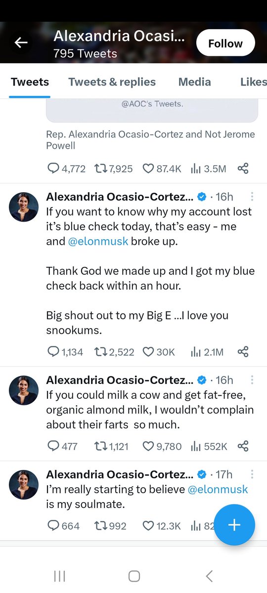 Lana_L's tweet photo. @catturd2 @AOC It's using the same picture as her main. You can't see the word parody when you read the individual tweets. They're doing other things to look like her official Twitter. Like tweeting this exact tweet and getting verified. Ppl did that to Elon to criticize paying for a checkmark. https://t.co/tOTm3piGjg