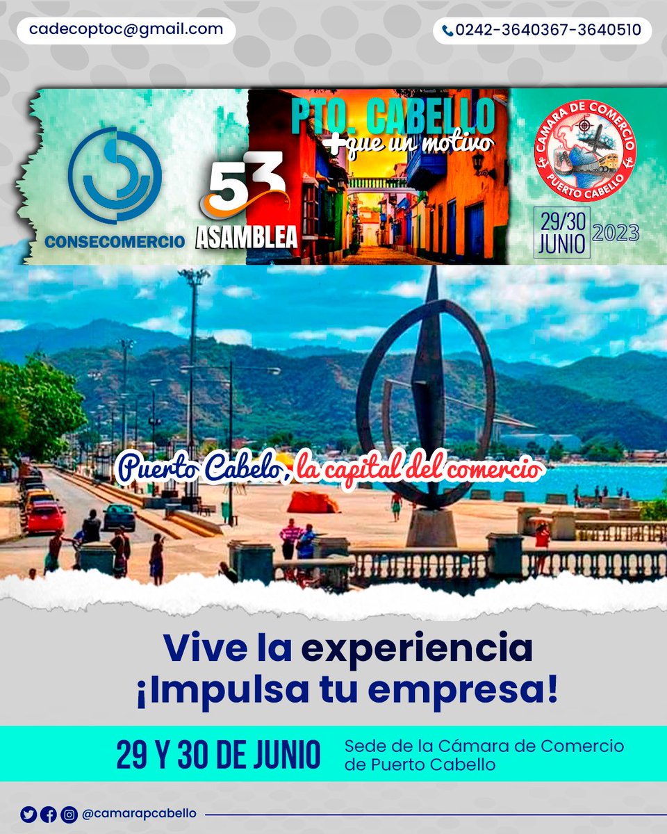 camarapcabello's tweet photo. #Atención comerciantes ¡Es momento de formar parte del evento más importante del sector comercio y servicios!

Esta vez, la asamblea anual de @consecomercio va a celebrarse en Puerto Cabello,  el 29 y 30 de junio.

Solicita  información al correo electrónico cadecoptoc@gmail.com https://t.co/ceZjOa3ztC