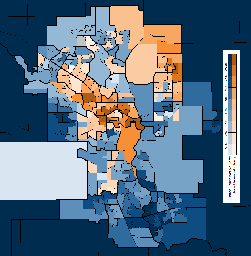 Voting *place* map of election day results in Calgary for the 2023 Alberta election. #abvotes #AbElection2023 #ableg #yyc #cdnpoli