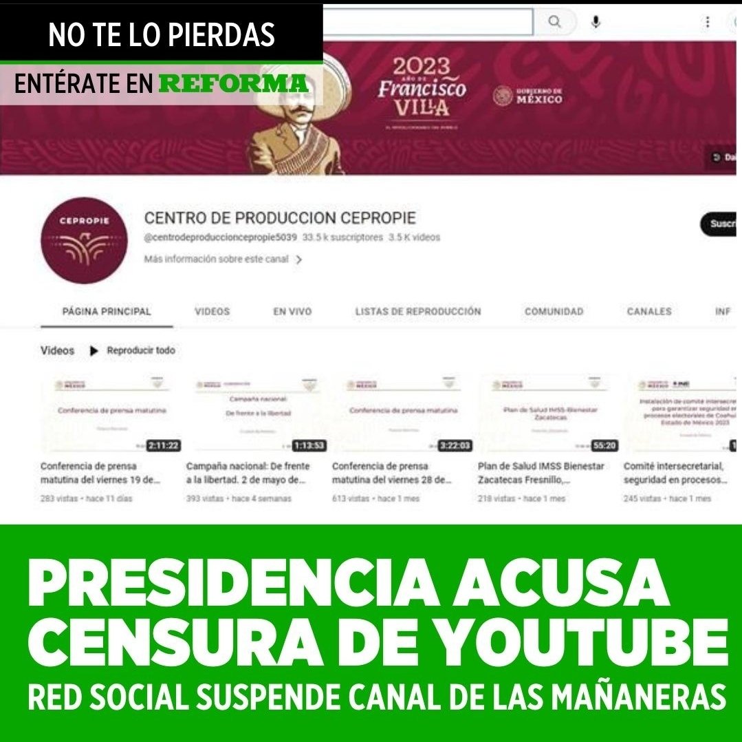 Melissa_Bely's tweet photo. #ULTIMAHORA

Caos en la Presidencia !!

Youtube SUSPENDE Canal de las Mañaneras..

Chucho Ramírez, Vocero de Presidencia, acusó a YouTube de censura, por suspender el canal del Centro de Producción de Programas Informativos y Especiales (Cepropie).

Ahora haz lo tuyo Andrés Manuel, dí cuánto gana el dueño de Youtube y EXHÍBELOS junto con los empleados y al final ponte a gritar:

¡ Y Loret de Mola qué !!..

Gracias Youtube 🙏..