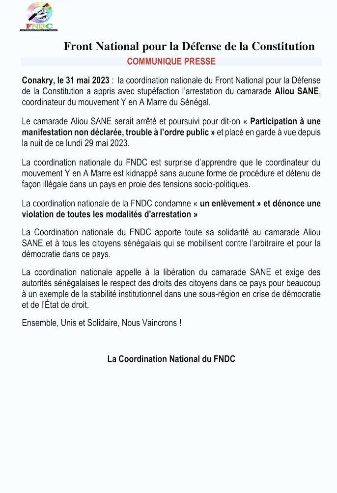 Abdoulaye Oumou Sow 📸🇬🇳 🇨🇮 (@ao_sowgn) on Twitter photo La Coordination Nationale du <a href="/FNDC_Gn/">FNDC-GUINÉE</a> appelle à la libération du camarade Aliou SANE, coordinateur du mouvement <a href="/Yenamarre_NTS/">Mouvement Y EN A MARRE</a> du Sénégal. La Coordination Nationale du <a href="/FNDC_Gn/">FNDC-GUINÉE</a> appelle à la libération du camarade Aliou SANE, coordinateur du mouvement <a href="/Yenamarre_NTS/">Mouvement Y EN A MARRE</a> du Sénégal.