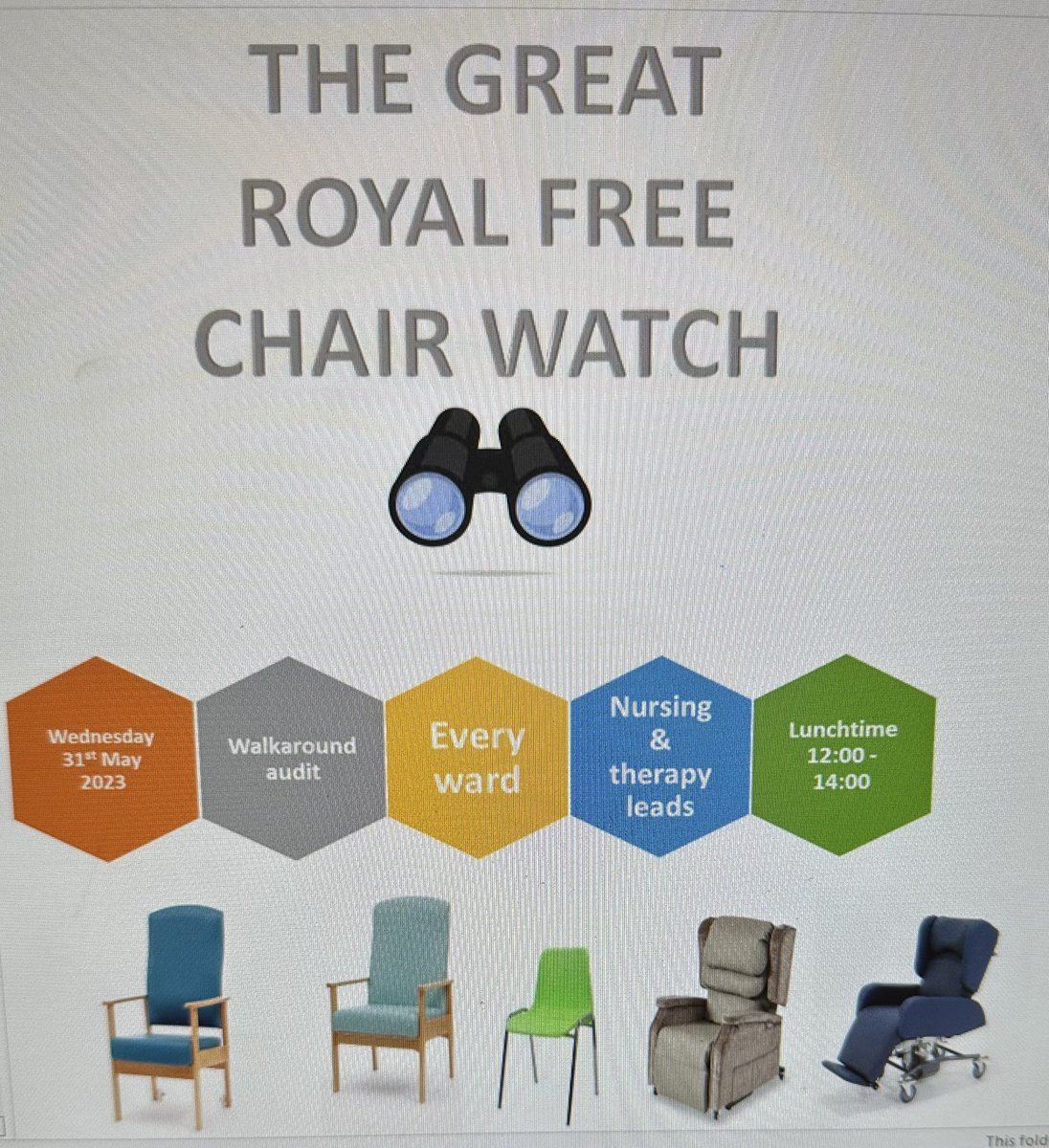 In all the excitement this morning, I forgot to tweet about the Great Royal Free Chair Watch @RoyalFreeNHS happening today - to audit all in-patients to see if they were out of bed & identify their seating needs! #MOVE #endpjparalysis #homefirst #preventingdeconditioning