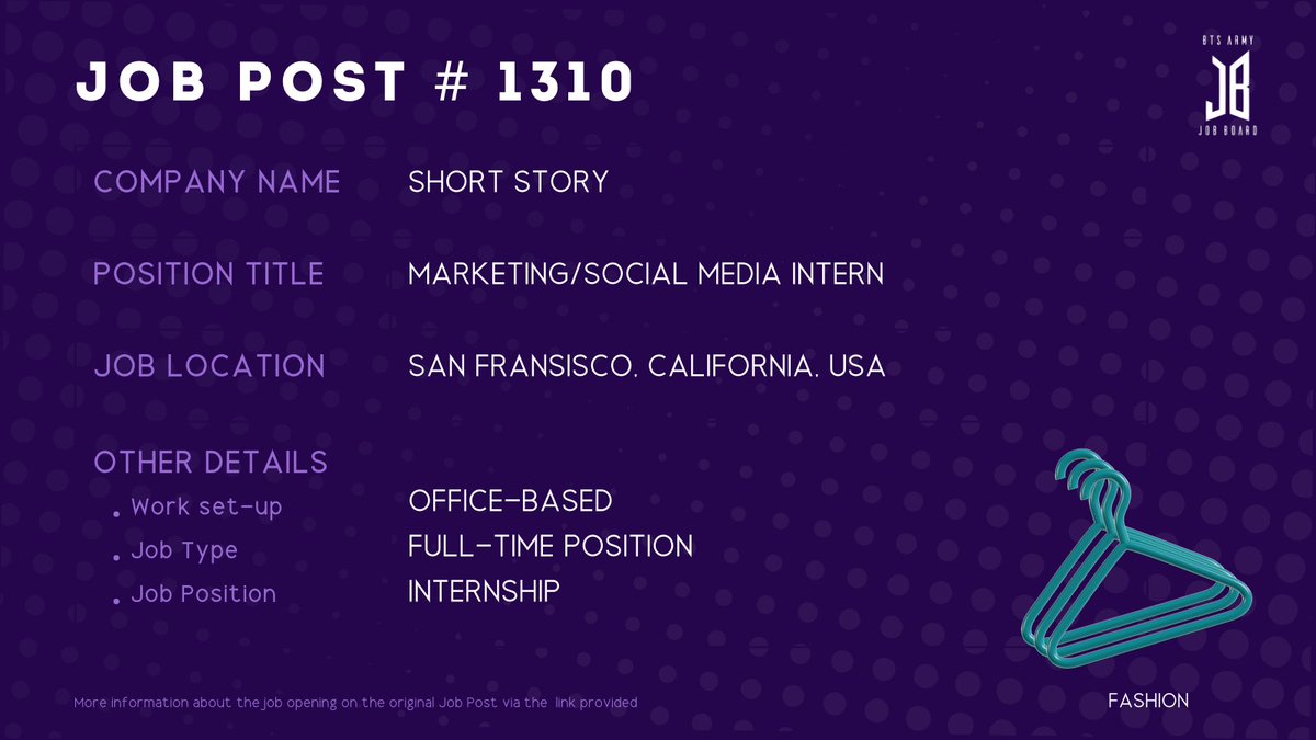 BTSARMYJobBoard's tweet photo. #BAJBUSA #BAJBInternshipJP 
SAN FRANSISCO, CALIFORNIA, USA

https://t.co/dtWgQZPbnV

#BAJBMarketing 

ARMYs, kindly contact the job poster / hiring party directly for more information. ☺️

Good luck! 💜 https://t.co/qZqL2lI5Mu