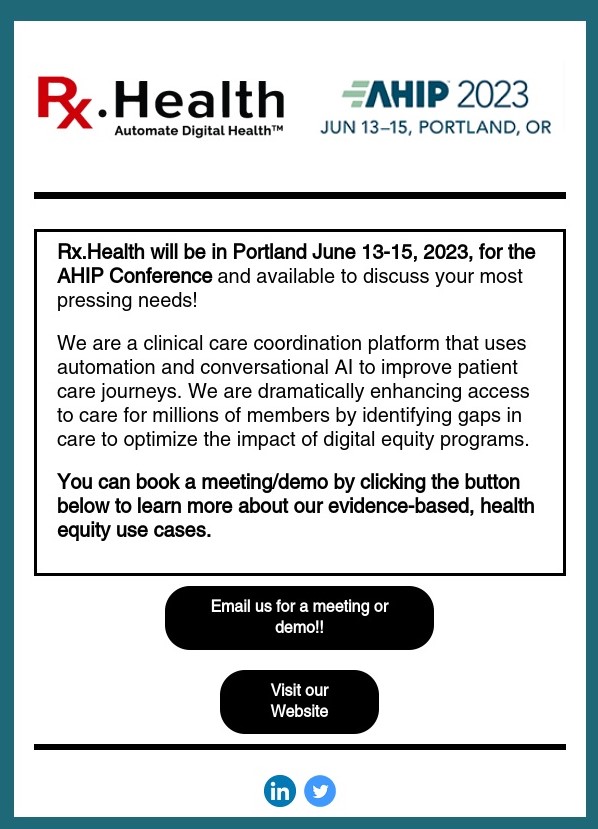 Rx.Health (@rx_health) on Twitter photo See usĀ at #AHIP2023!!
<a href="/rstrobridge/">Rick Strobridge</a> <a href="/Sarthakkakkar10/">Sarthak kakkar</a>
#healthcareinnovation #healthit #conversationalai #digitalhealth See usĀ at #AHIP2023!!
<a href="/rstrobridge/">Rick Strobridge</a> <a href="/Sarthakkakkar10/">Sarthak kakkar</a>
#healthcareinnovation #healthit #conversationalai #digitalhealth