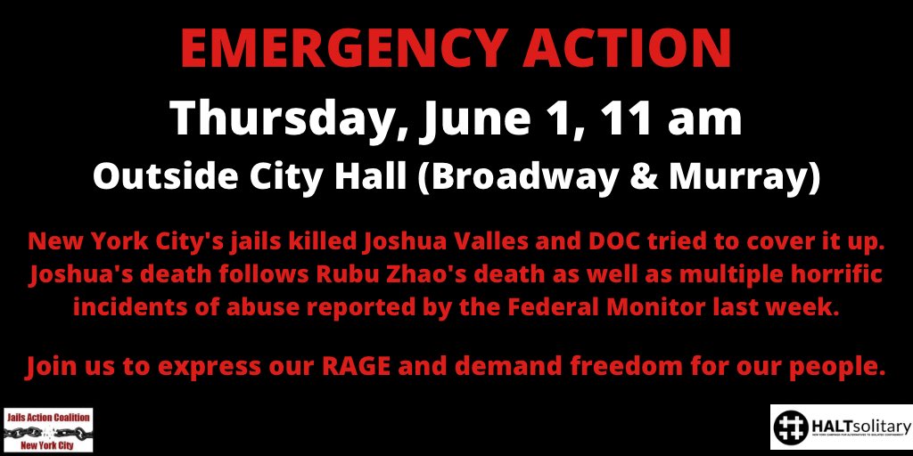JailsAction's tweet photo. 🚨🚨🚨

WE NEED YOU TOMORROW!

Thursday, June 1 at 11 am

Join us  @JailsAction and @NYCAIC 

As we demand all leaders in NYC respond immediately to the deadly and inhumane conditions in NYC DOC custody. 

The time for community unity is now!
#rikers 
#CLOSErikers
#mentalhealth https://t.co/JVAObtIXYb