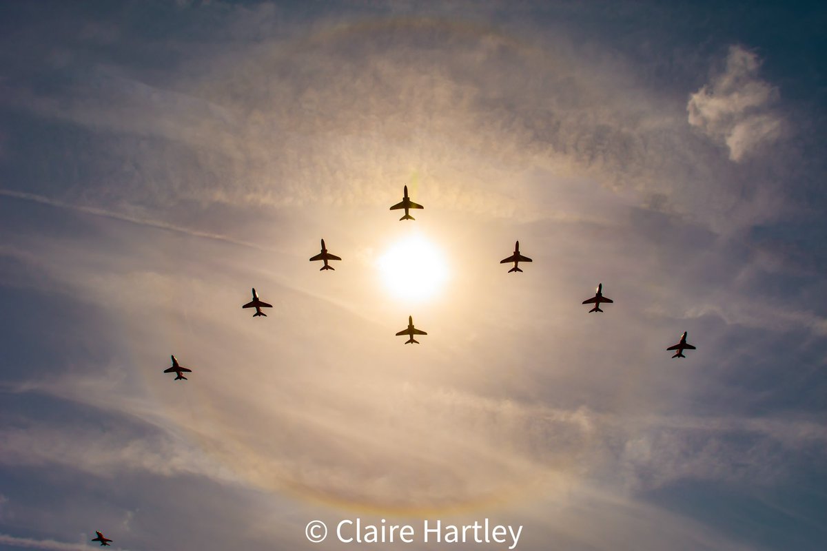 The <a href="/rafredarrows/">Red Arrows</a> through a halo around the sun on their return from ex springhawk last weekend