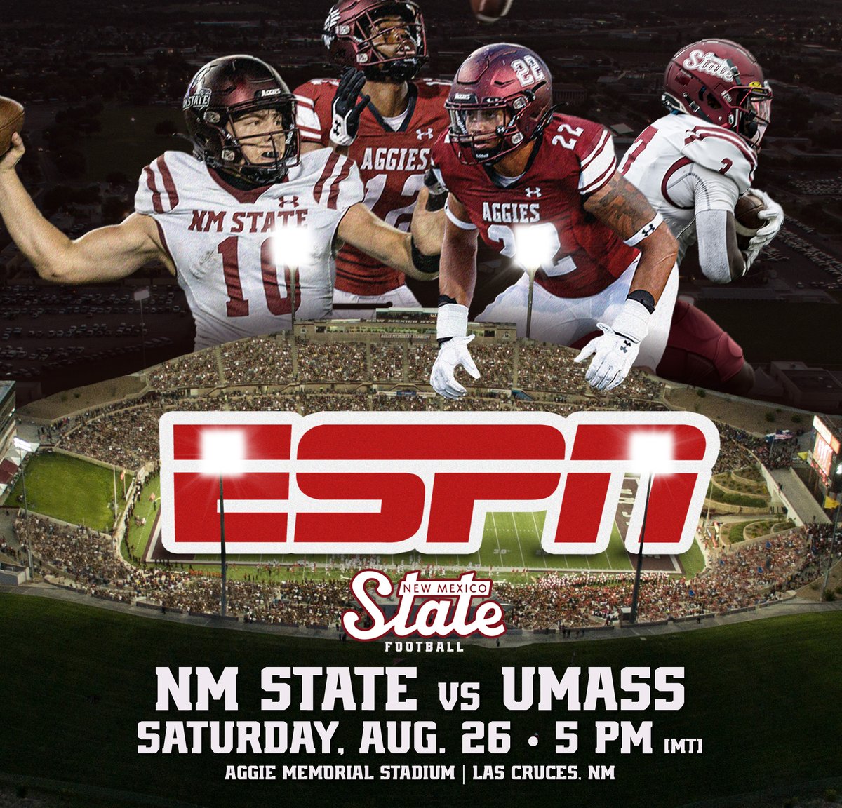 For the first time since 2007, an NM State home game will air on <a href="/espn/">ESPN</a>!

📆: August 26, 2023 (Week Zero)
🆚: <a href="/UMassFootball/">UMass Football</a>
📍: Aggie Memorial Stadium
⏰: 5:00 p.m. MT

#AggieUp