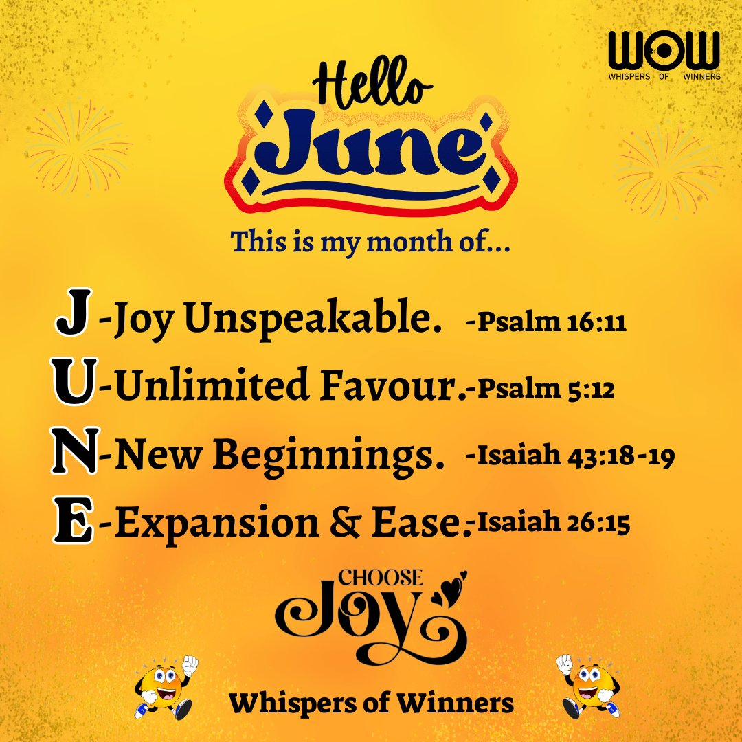 WinnersWhispers's tweet image. Declare this:
June is my month of overflowing joy.
June is full of favour &amp;amp; blessings.
June is full of limitless possibilities.
June is full of jaw-dropping testimonies.
June is full of undeniable victories.
I will sing new songs in Jesus name

Retweet &amp;amp; type "This is my reality"