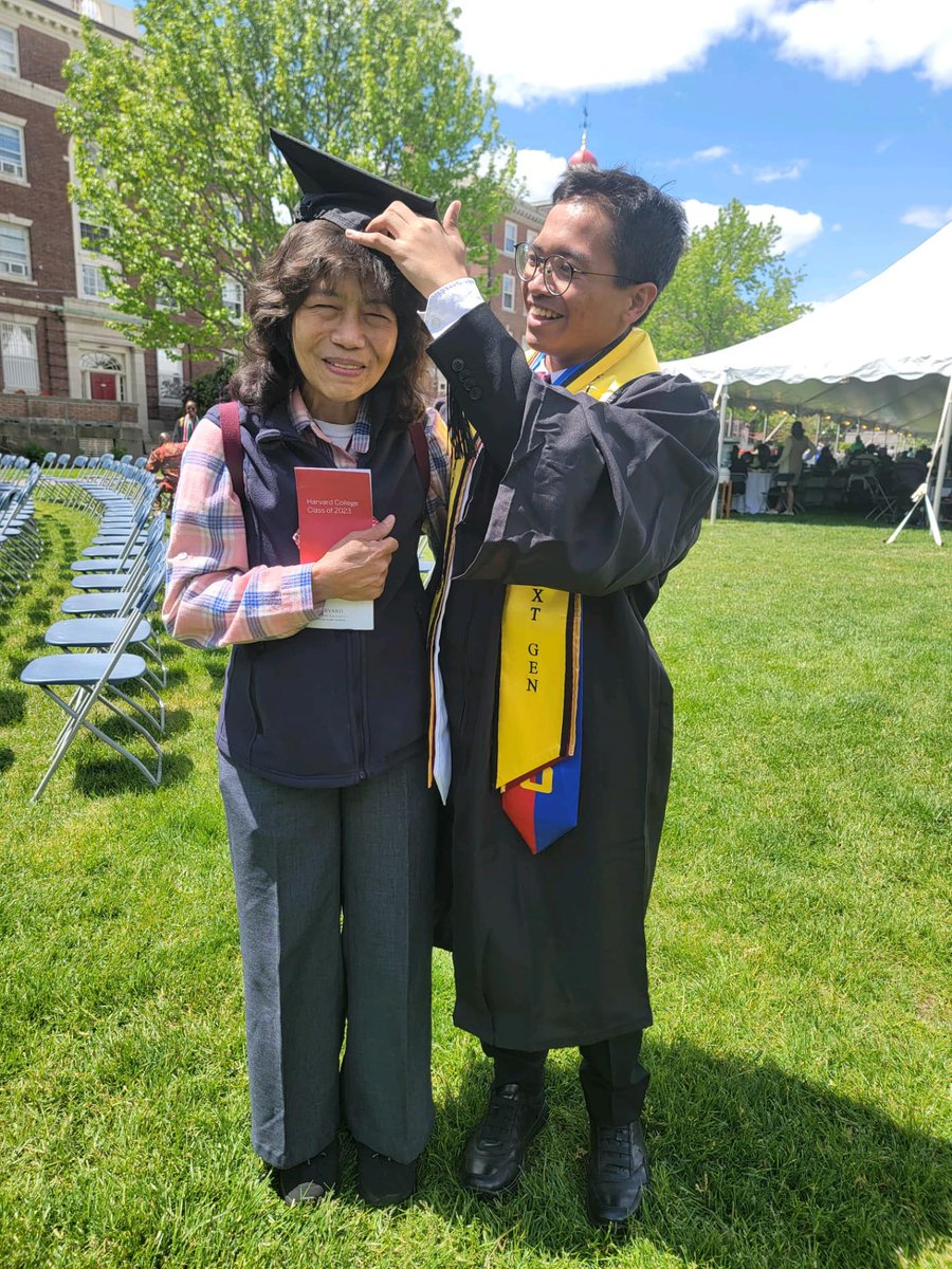 12 years ago, my mother and I immigrated to the US. Many have treated us poorly because people look down on servants and those who are not white and wealthy. But today, here we are having graduated from Harvard. This is for you, Ma, and for all #MigrantWorkers! #Harvard2023